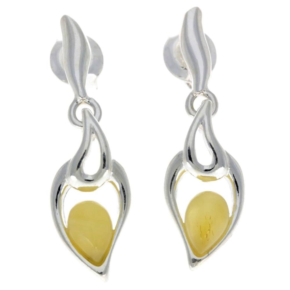 925 Sterling Silver & Genuine Baltic Amber Modern Drop Earrings - GL152
