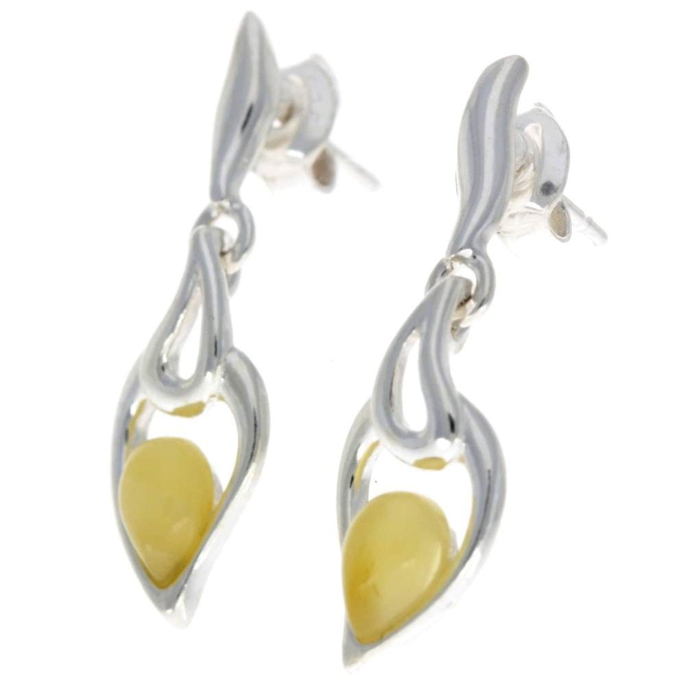 925 Sterling Silver & Genuine Baltic Amber Modern Drop Earrings - GL152