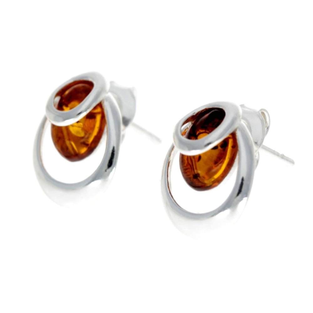 925 Sterling Silver & Genuine Baltic Amber Modern Studs Earrings - GL155