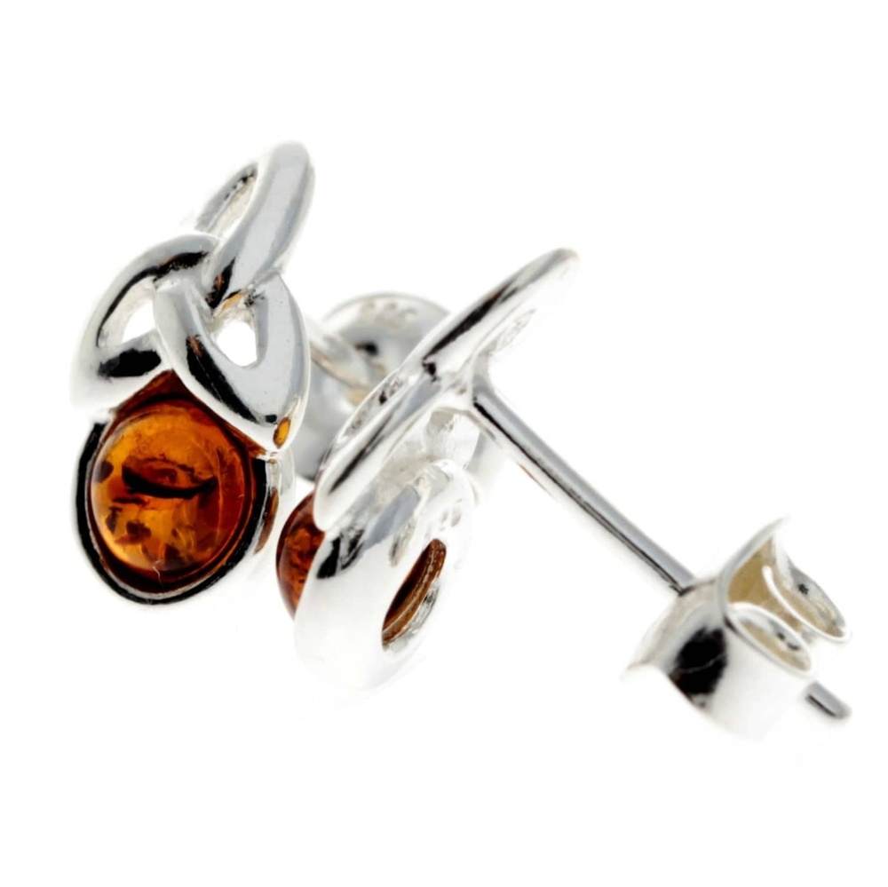 925 Sterling Silver & Genuine Baltic Amber Modern Celtic Studs Earrings - GL167
