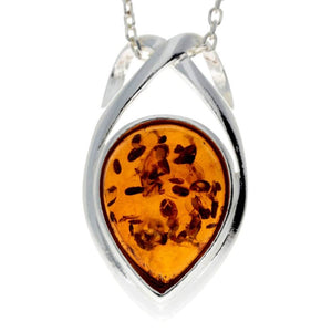 925 Sterling Silver & Genuine Baltic Amber Classic Teardrop Celtic Pendant - GL2004