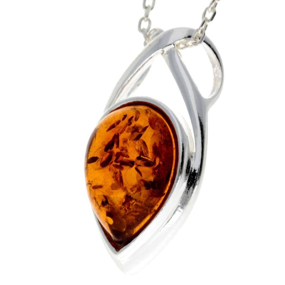 925 Sterling Silver & Genuine Baltic Amber Classic Teardrop Celtic Pendant - GL2004