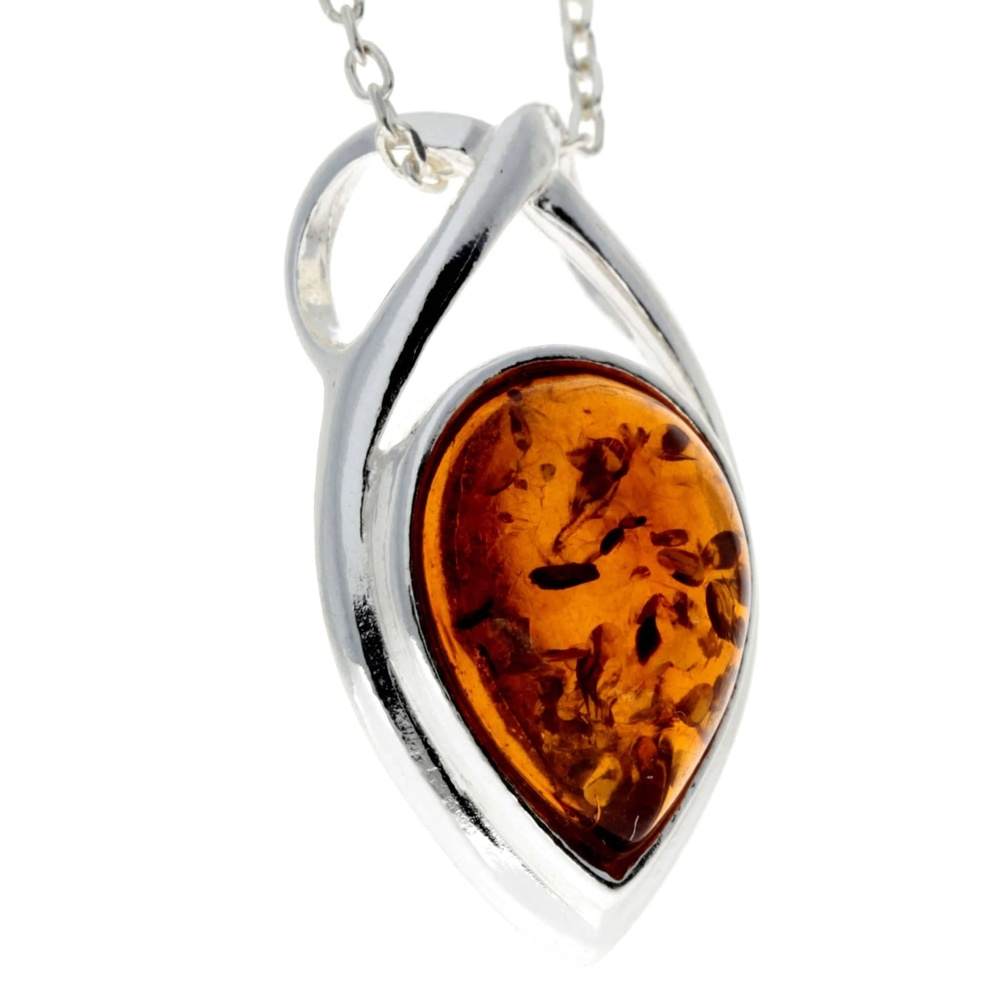 925 Sterling Silver & Genuine Baltic Amber Classic Teardrop Celtic Pendant - GL2004
