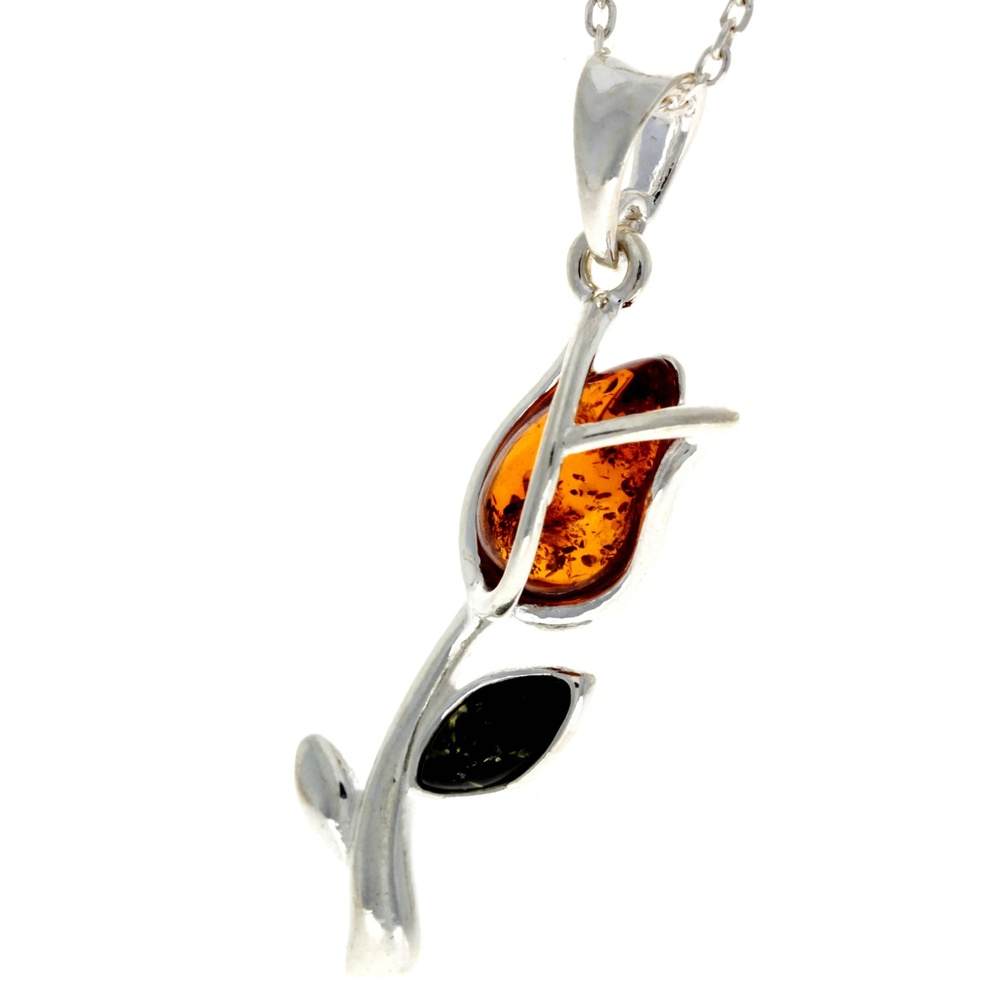 925 Sterling Silver & Genuine Baltic Amber Tulip Modern Pendant - GL2033