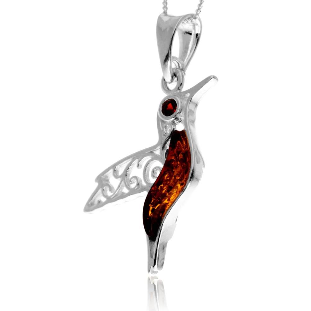 925 Steling Silver & Genuine Baltic Amber Humming Bird Pendant - GL2050