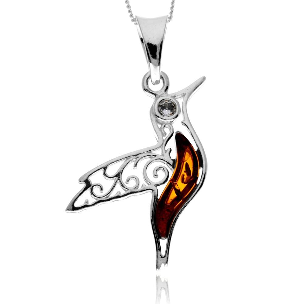 925 Steling Silver & Genuine Baltic Amber Humming Bird Pendant - GL2050