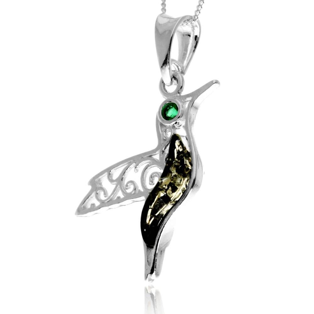 925 Steling Silver & Genuine Baltic Amber Humming Bird Pendant - GL2050
