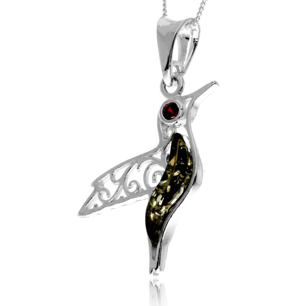 925 Steling Silver & Genuine Baltic Amber Humming Bird Pendant - GL2050