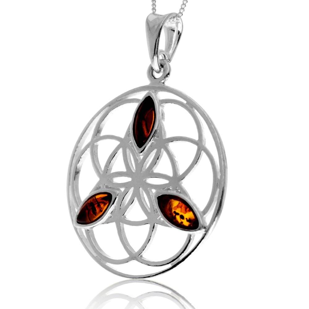925 Steling Silver & Genuine Baltic Amber Celtic Flower of Life Pendant - GL2059