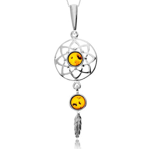 925 Steling Silver & Genuine Baltic Amber Celtic Dream Catcher Pendant - GL2060