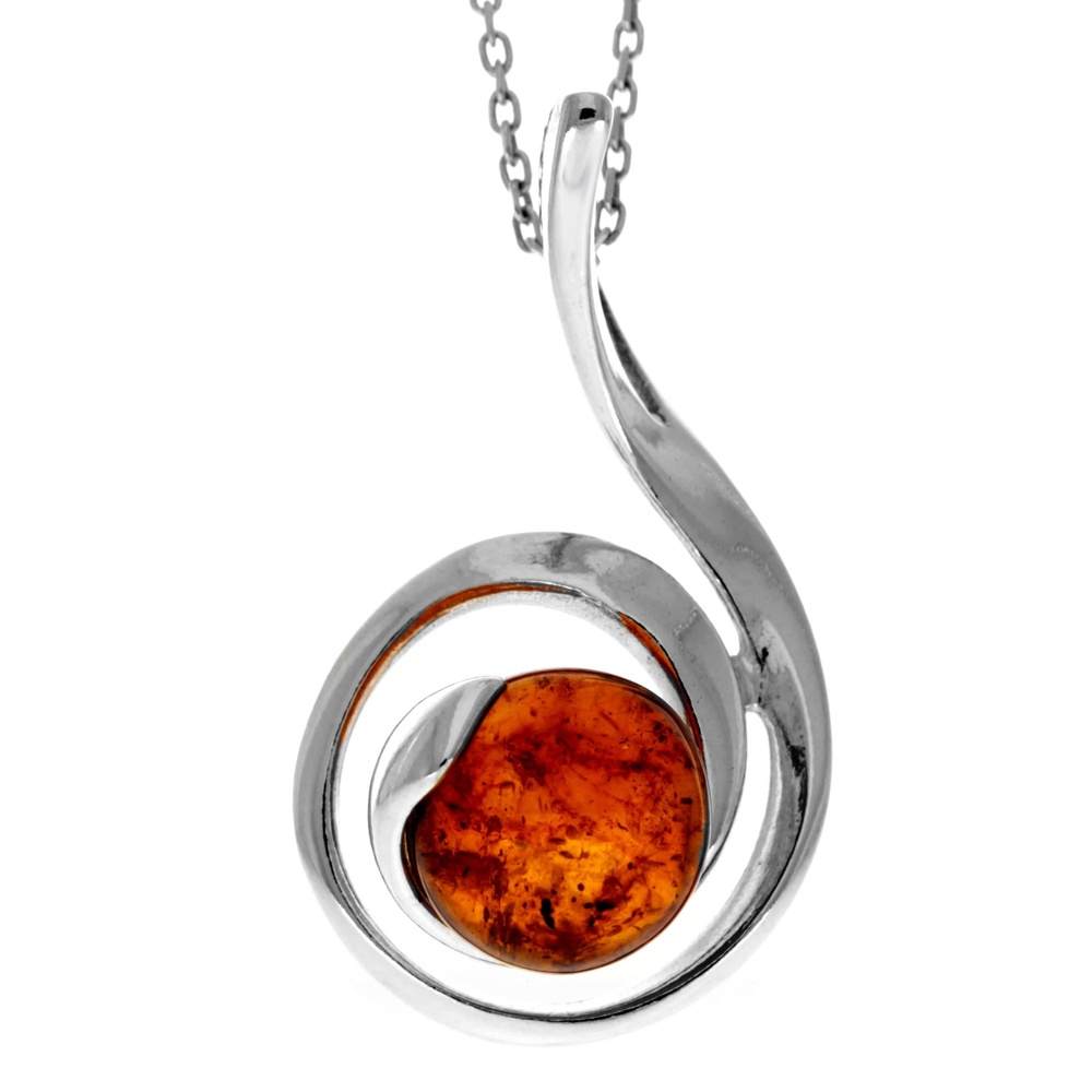 925 Sterling Silver & Genuine Baltic Amber Modern Drop Pendant GL223