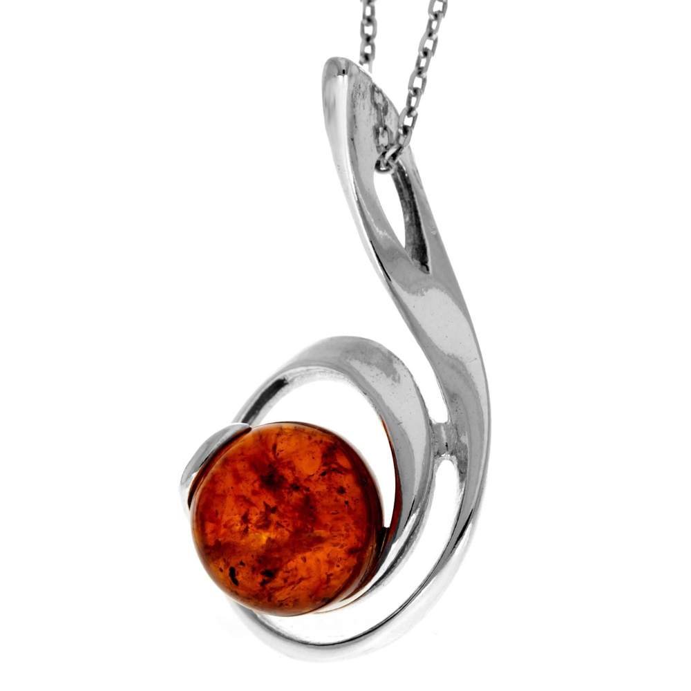 925 Sterling Silver & Genuine Baltic Amber Modern Drop Pendant GL223