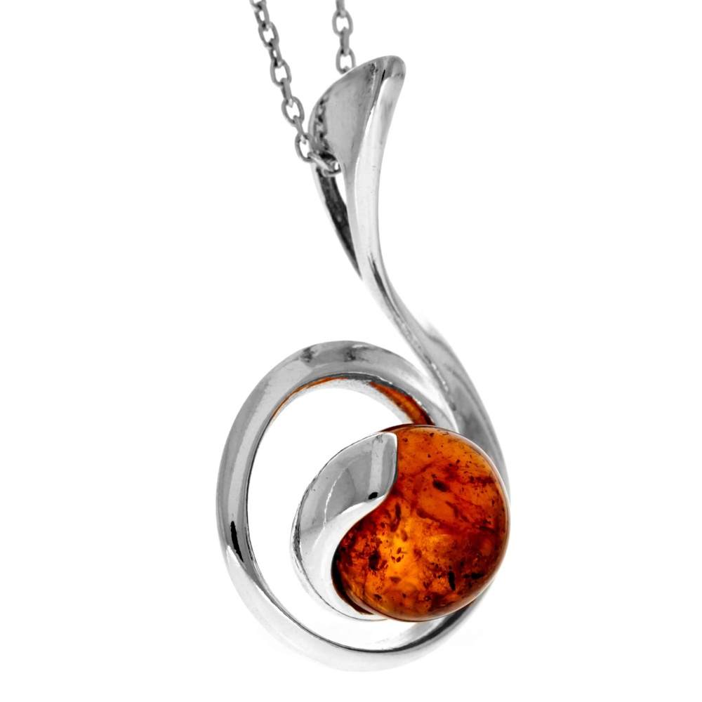 925 Sterling Silver & Genuine Baltic Amber Modern Drop Pendant GL223