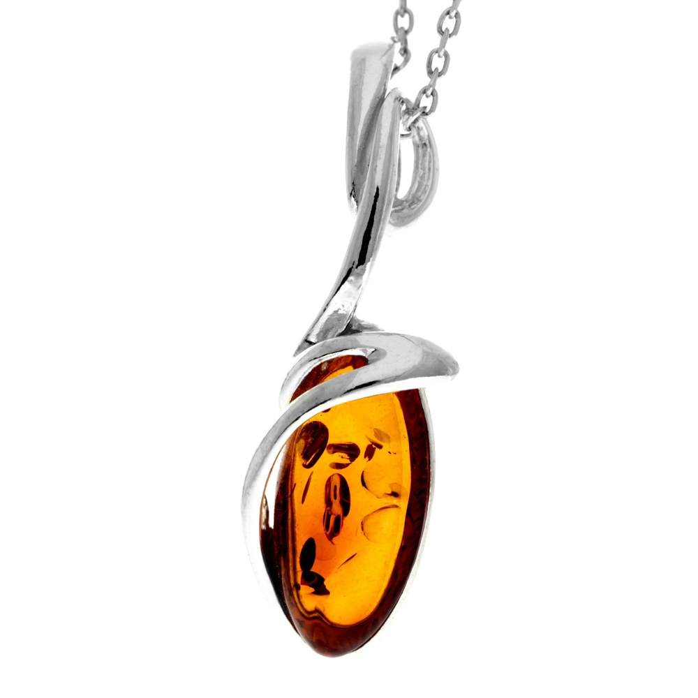 925 Sterling Silver & Genuine Baltic Amber Modern Oval Pendant - GL226