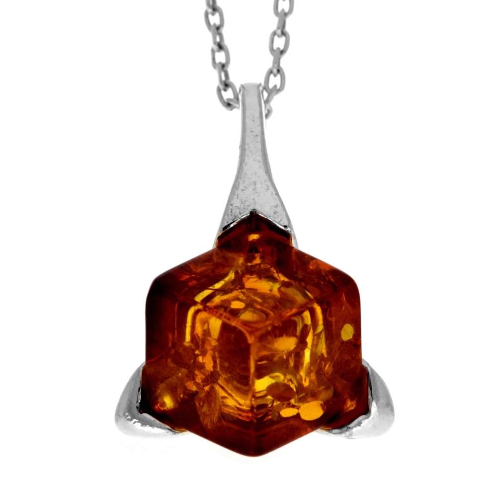 925 Sterling Silver & Genuine Baltic Amber Classic Modern Square Pendant - GL261