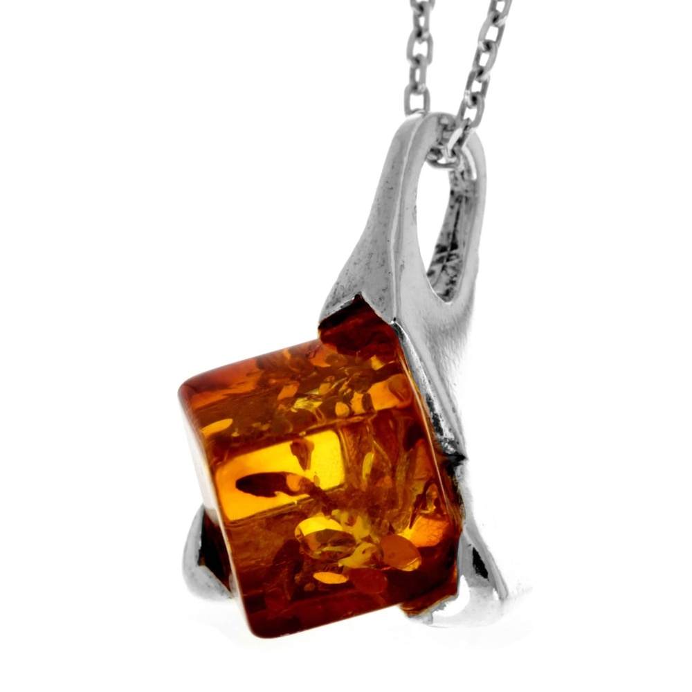 925 Sterling Silver & Genuine Baltic Amber Classic Modern Square Pendant - GL261