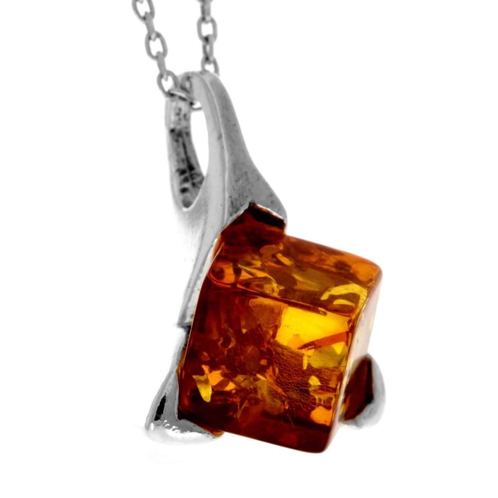 925 Sterling Silver & Genuine Baltic Amber Classic Modern Square Pendant - GL261
