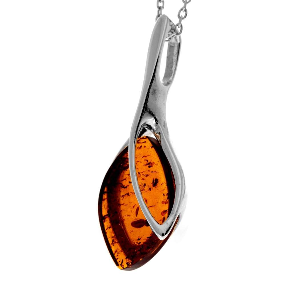 925 Sterling Silver & Genuine Baltic Amber Classic Teardrop Modern Pendant - GL282
