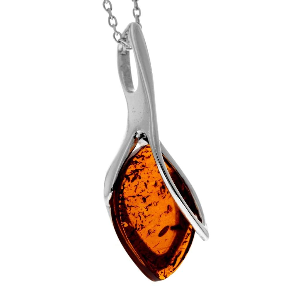 925 Sterling Silver & Genuine Baltic Amber Classic Teardrop Modern Pendant - GL282