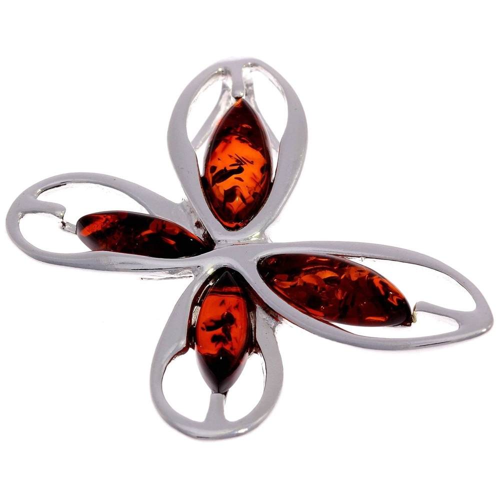 925 Sterling Silver & Genuine Baltic Amber Modern Butterfly Pendant - GL316