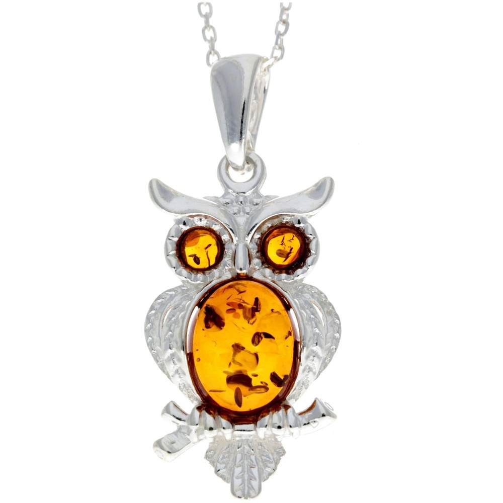 925 Sterling Silver & Baltic Amber Wise Owl Pendant - GL359