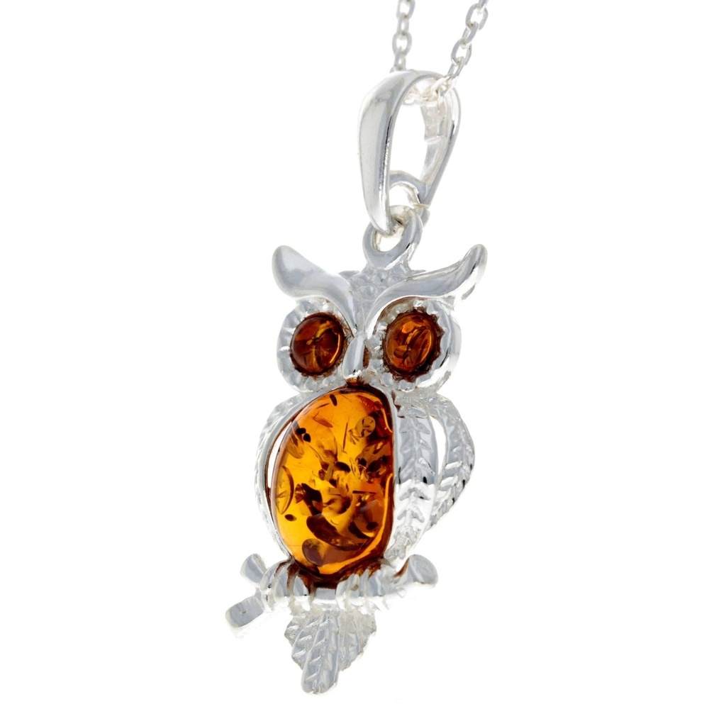 925 Sterling Silver & Baltic Amber Wise Owl Pendant - GL359
