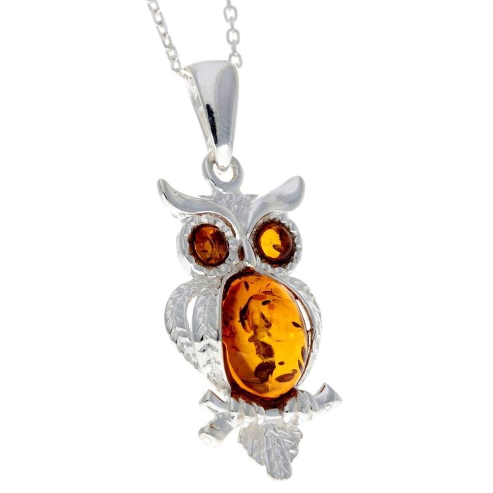 925 Sterling Silver & Baltic Amber Wise Owl Pendant - GL359