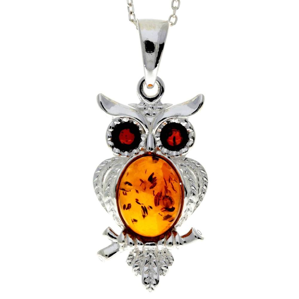 925 Sterling Silver & Baltic Amber Wise Owl Pendant - GL359