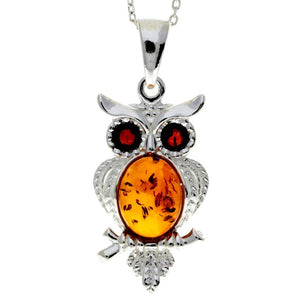 925 Sterling Silver & Baltic Amber Wise Owl Pendant - GL359