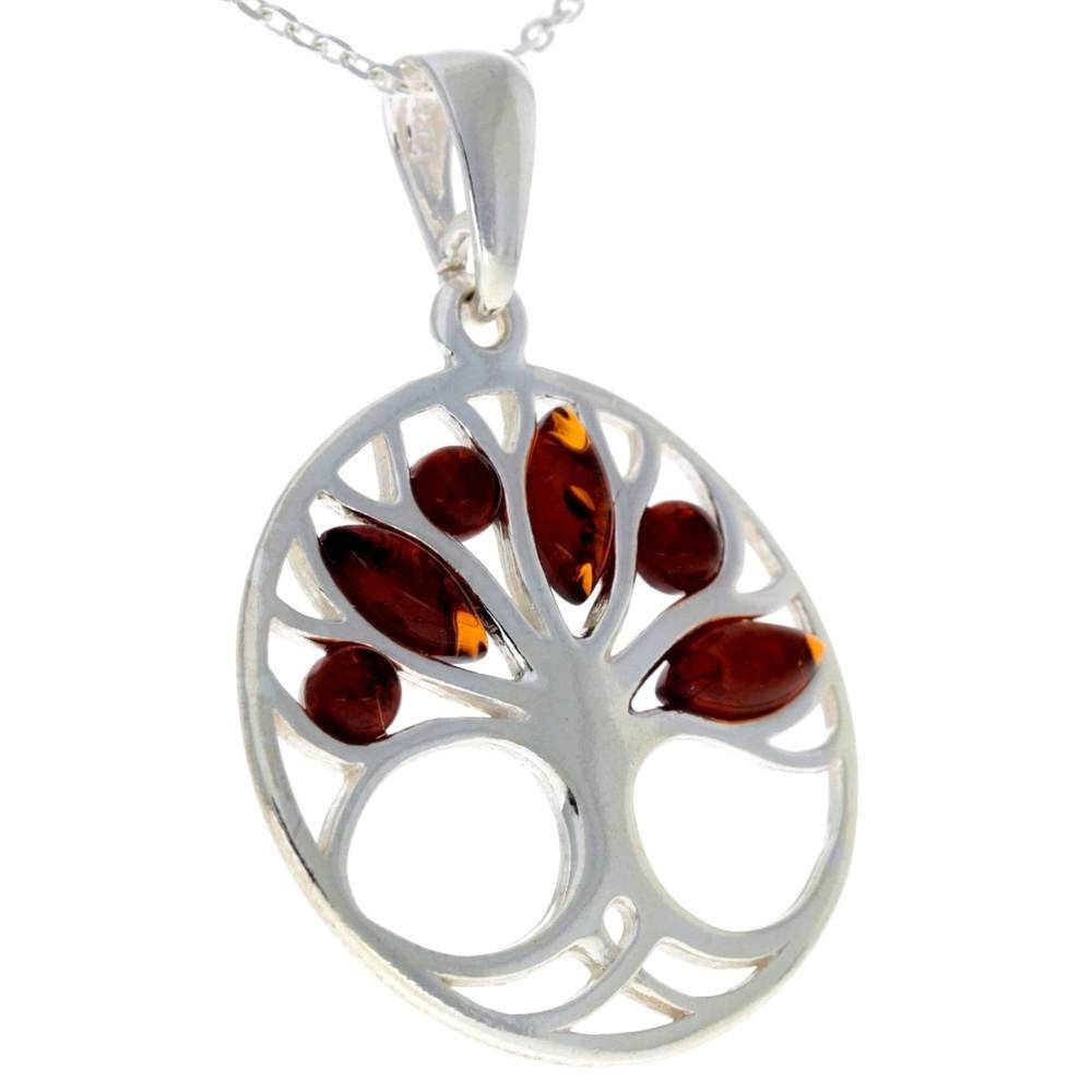 925 Sterling Silver Tree of Life with Genuine Baltic Amber Gemstones - GL363