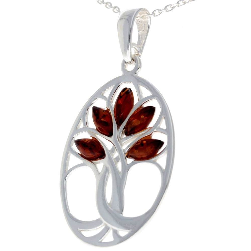 925 Sterling Silver & Baltic Amber Tree of Life Oval Pendant - GL364