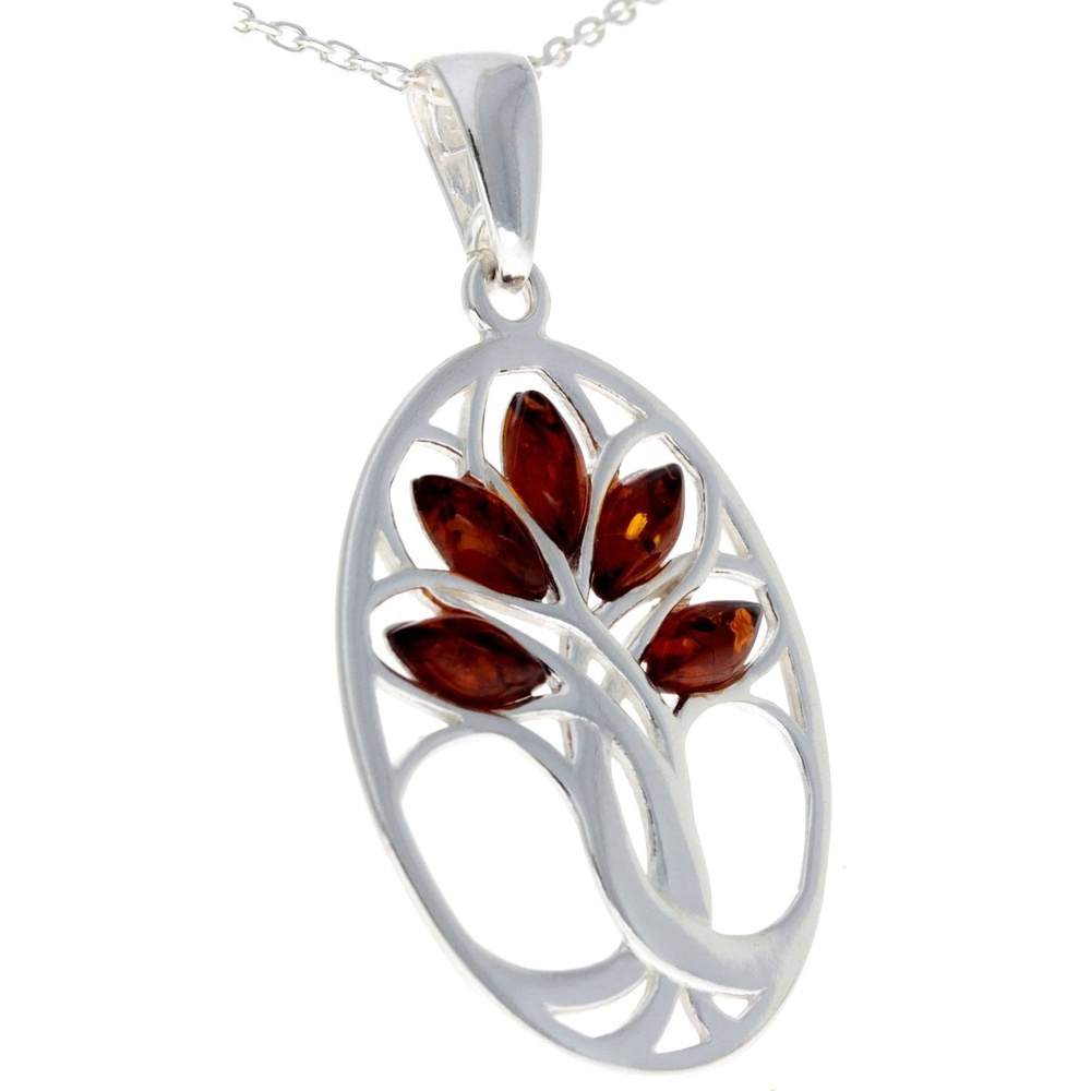 925 Sterling Silver & Baltic Amber Tree of Life Oval Pendant - GL364