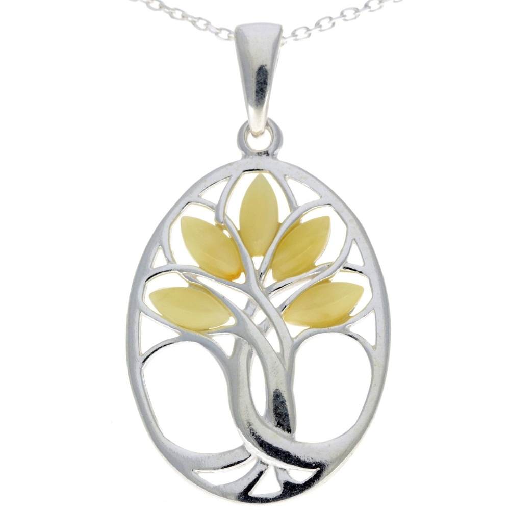 925 Sterling Silver & Baltic Amber Tree of Life Oval Pendant - GL364