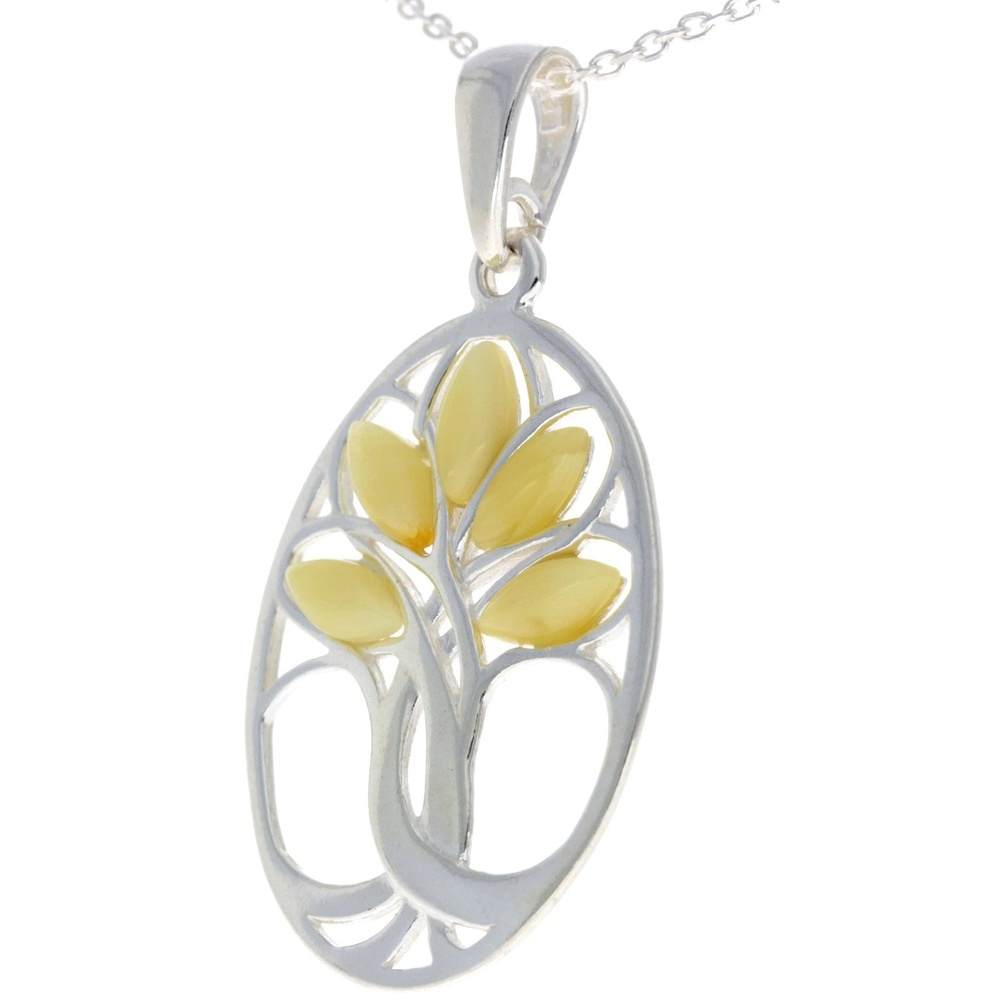 925 Sterling Silver & Baltic Amber Tree of Life Oval Pendant - GL364