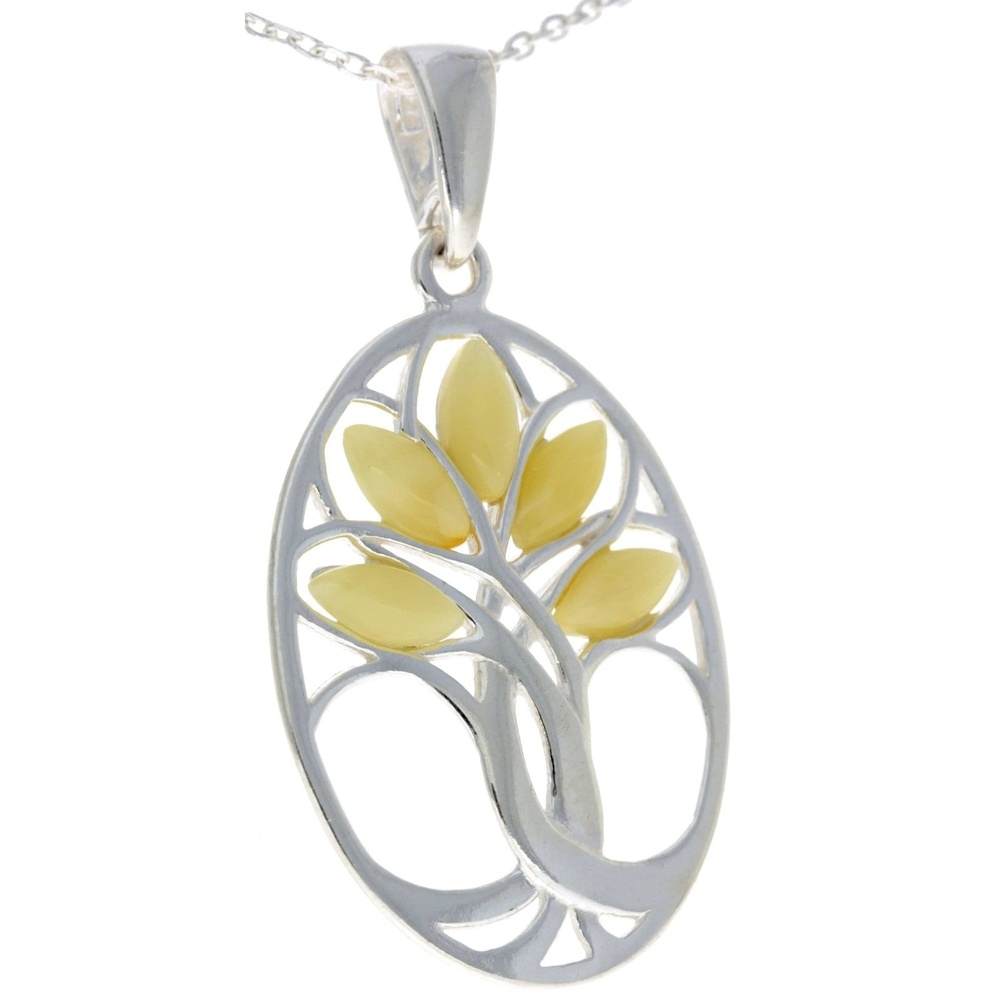 925 Sterling Silver & Baltic Amber Tree of Life Oval Pendant - GL364