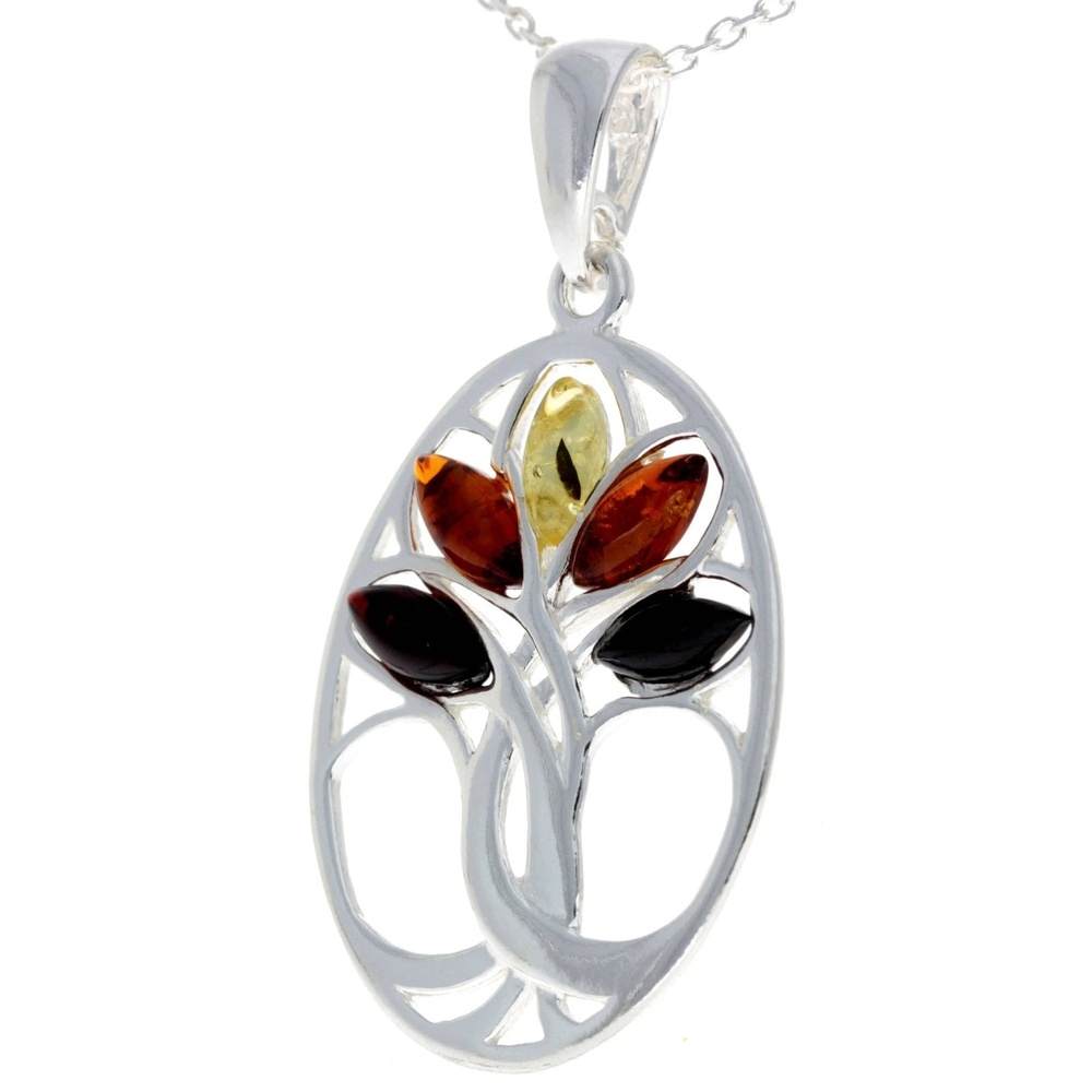 925 Sterling Silver & Baltic Amber Tree of Life Oval Pendant - GL364