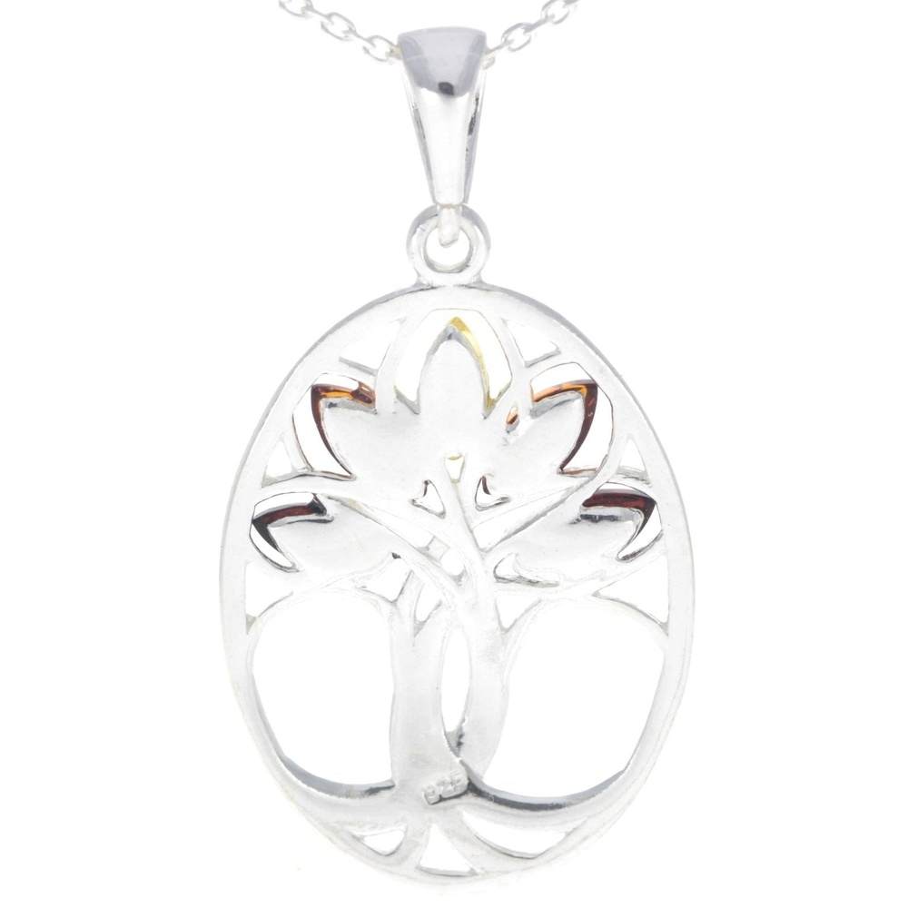 925 Sterling Silver & Baltic Amber Tree of Life Oval Pendant - GL364
