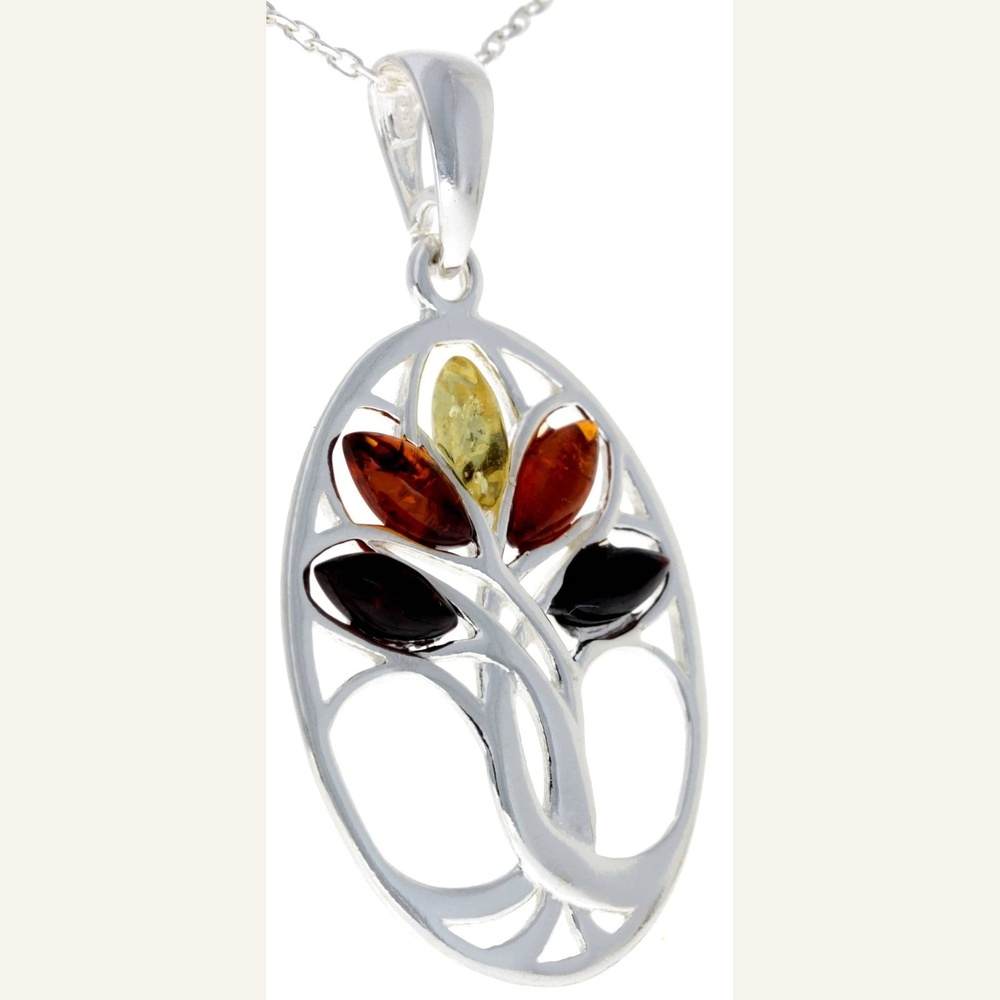 925 Sterling Silver & Baltic Amber Tree of Life Oval Pendant - GL364