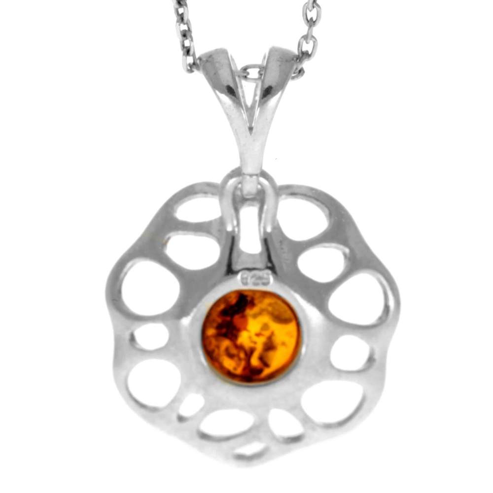 925 Sterling Silver & Genuine Baltic Amber Modern Flower Pendant GL371