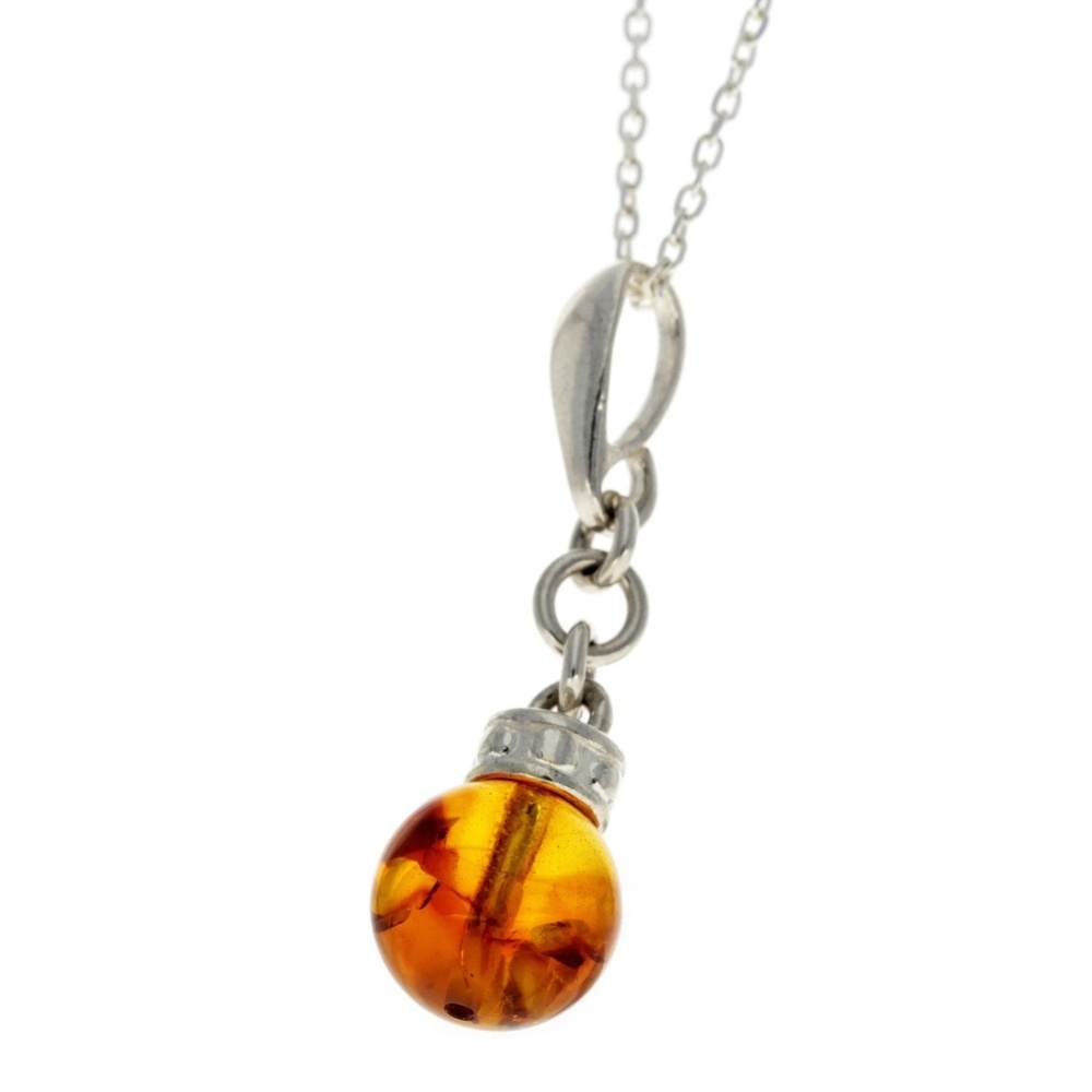 925 Sterling Silver & Genuine Baltic Amber Ball Modern Pendant - GL380