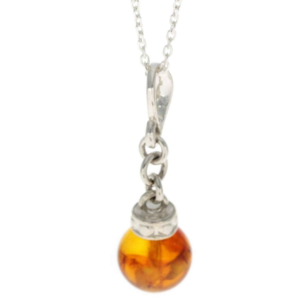 925 Sterling Silver & Genuine Baltic Amber Ball Modern Pendant - GL380