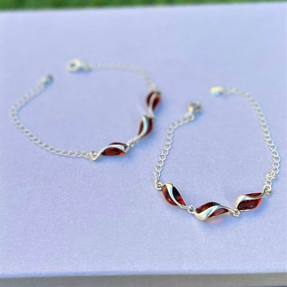 925 Sterling Silver & Baltic Amber Modern Adjustable Bracelet - GL539S