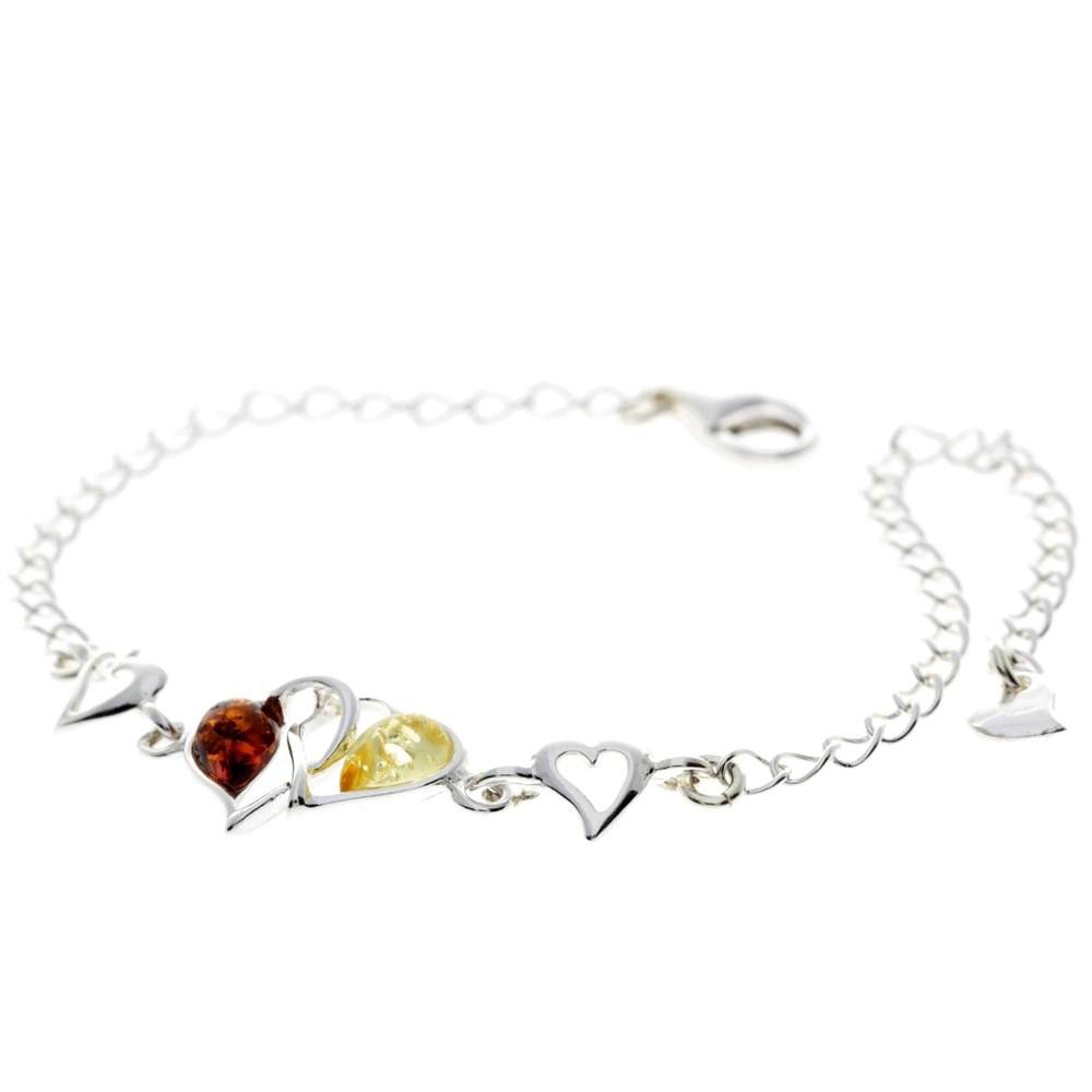 925 Sterling Silver & Genuine Baltic Amber Double Hearts Adjustable Bracelet - GL550S