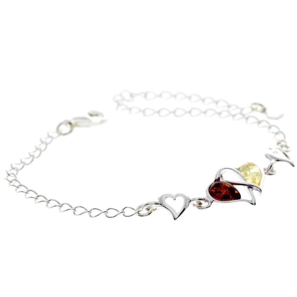 925 Sterling Silver & Genuine Baltic Amber Double Hearts Adjustable Bracelet - GL550S
