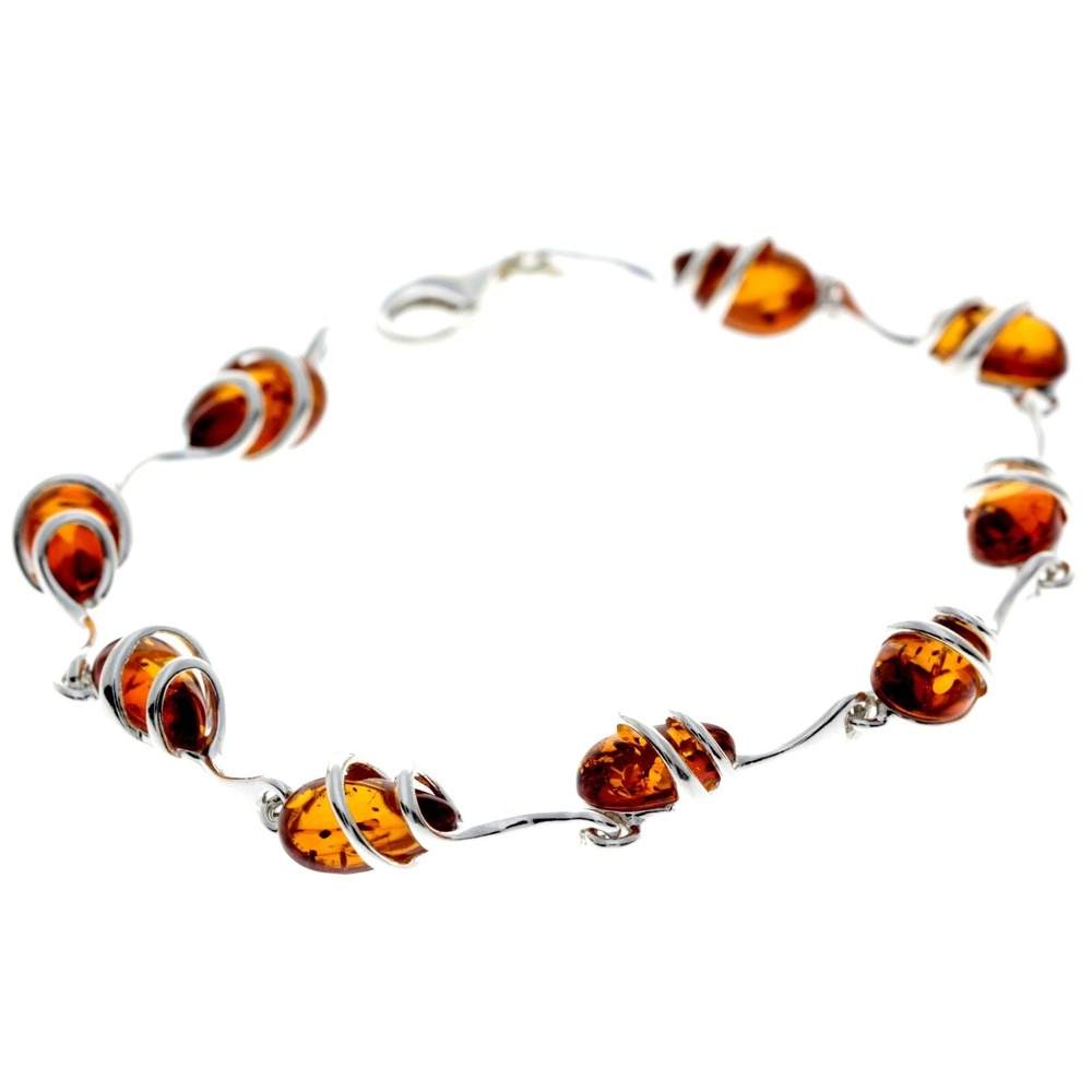 925 Sterling Silver & Genuine Baltic Amber Modern Link Bracelet - GL557