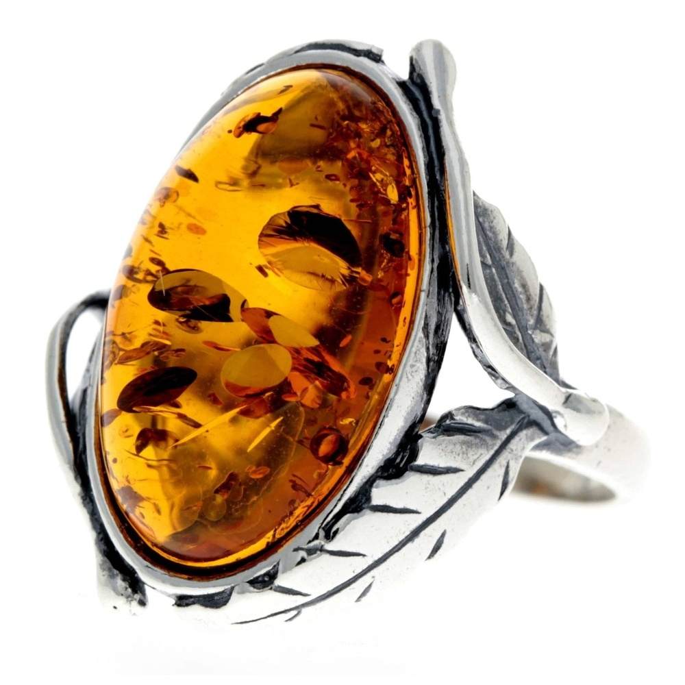 925 Sterling Silver & Baltic Amber Large Classic Art Nouveau Ring - GL719