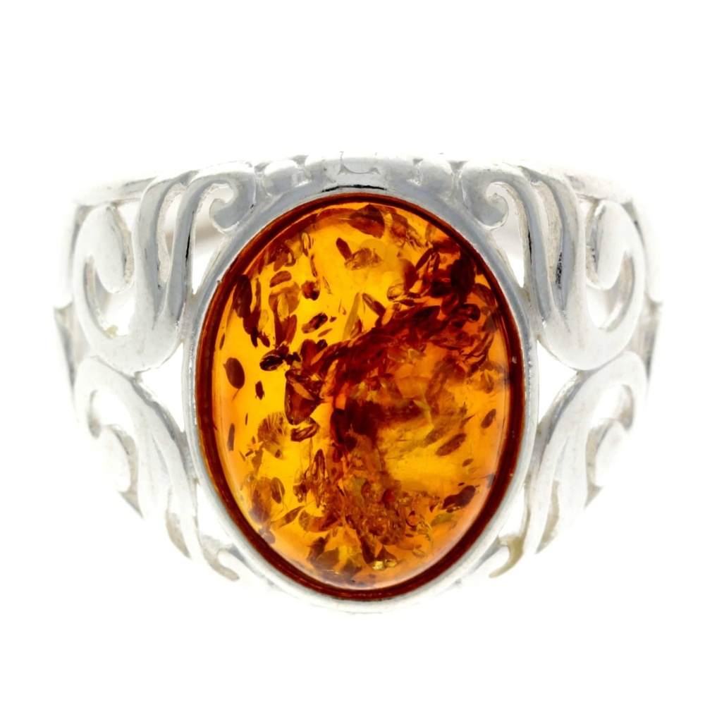 925 Sterling Silver & Genuine Oval Baltic Amber Celtic Large Ring - GL742