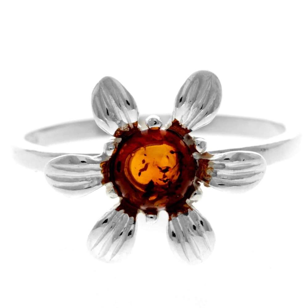 925 Sterling Silver & Genuine Baltic Amber Round Flower Ring - GL744