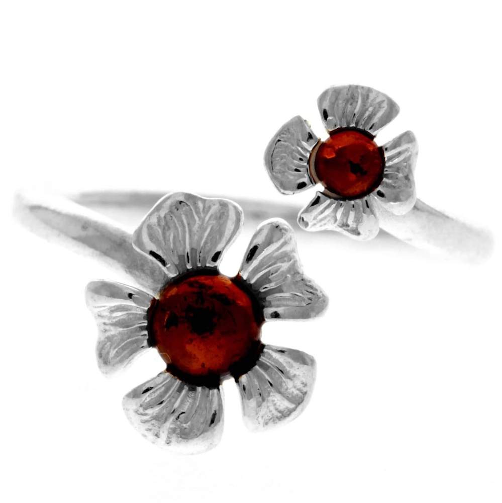 925 Sterling Silver & Genuine Baltic Amber Flowers Adjustable Ring - GL748