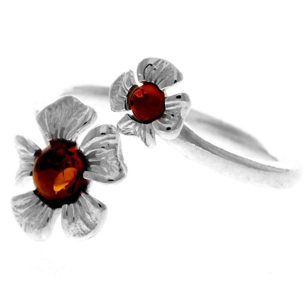 925 Sterling Silver & Genuine Baltic Amber Flowers Adjustable Ring - GL748